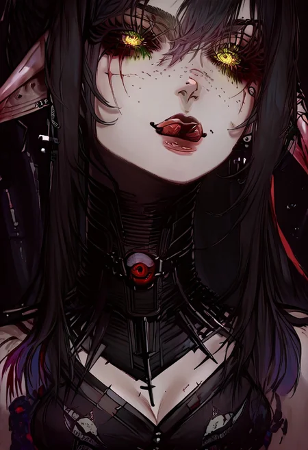 score_9, score_8_up, score_7_up, score_6_up, close up portrait, 1girl, solo, layna_2d, at3r4, licking her lips covered with blood, pointy ears, green eyes, freckles, scar, black hair, fingerless gloves, black dress, elbow gloves, cross earrings, cross, detailed eyes, perfect face, perfect eyes, sexy, sexy girl, beautiful eyes, petite body, thick thighs, medium breasts, (sitting in a gamer chair:1.3), posing, light smile, in multiple monitors background, dynamic angle, red and black theme, NEGATIVE_HANDS,