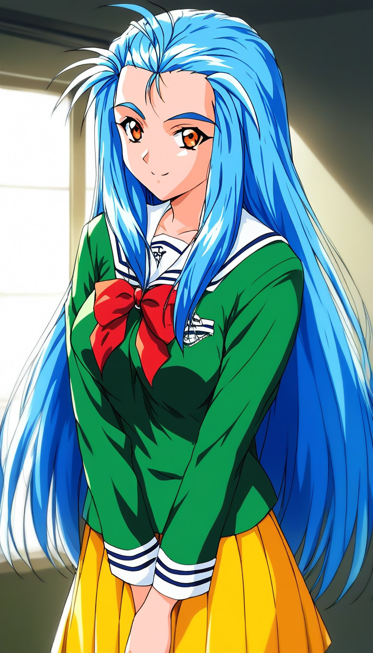 score_9, score_8_up, score_7_up, source_anime, rating_explicit, BREAK <lora:Minazuki_Kotoko_XL:1> Minazuki_Kotoko, blue hair, long hair, orange eyes, medium breasts,
1girl, solo, school uniform, light smile, looking at viewer, long sleeves, green shirt, serafuku, indoors, shirt, window, 1990s (style), Yellow skirt,
V arms,