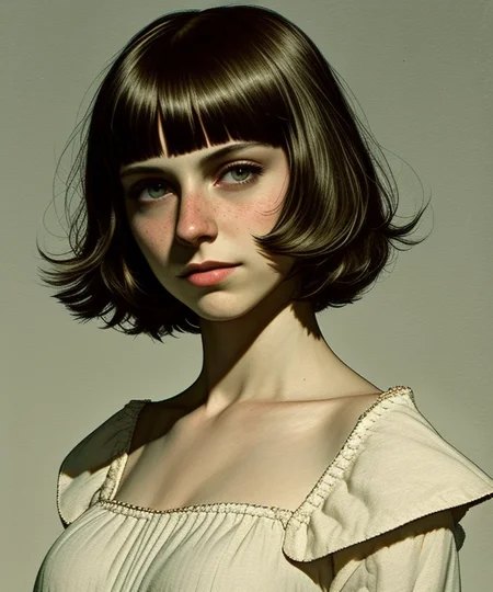 <lora:LCM_LoRA_Weights_SD15:1>
<lora:rogerhaus:1> 
mature woman
frilled corset, frilled sleeves, collarbone, detached collar, 
short hair, blunt bangs, 
Dark Chestnut hair