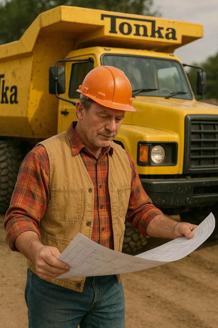 a realistic candid photograph depiction of bob the builder as a realistic man and a realistic full-sized tonka work truck. The image is not a cartoon. The image is not miniaturized. Everything in the image is life-size, realistic, and photorealistic. Bob is looking at blueprints.