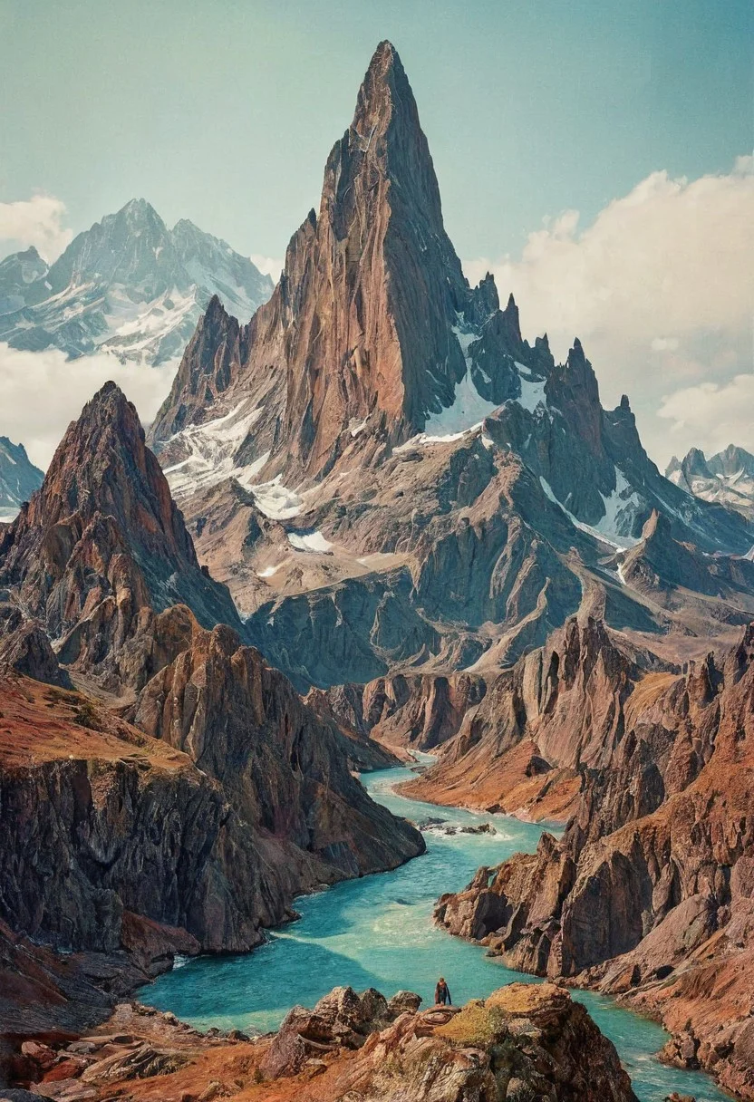 glitched wavy distortions, non-representational, colors and shapes, expression of feelings, imaginative, model,, towering mountains loom, their peaks highly detailed . extremely high-resolution details, photographic, Illustration by moebius and Pablo picasso (artist) abstract expressionism, detailed painting1930s black renaissance painting”on textured film photography style, medium grain, FRESHIDESH Moebius comic book