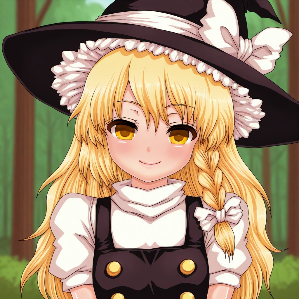pixelated, pixel_art, n \(dai n honpo\), masterpiece, best quality, BREAK, 1girl, solo, krisame_marisa, smile, facing_viewer, looking_at_viewer, flat_chest, clothed_female, blurry_background, forest, upper_body,