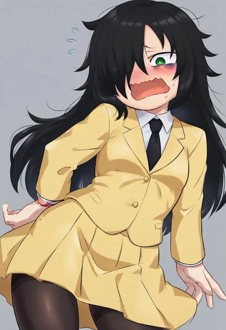 (zPDXL3),
(zPDXLxxx),
1girl,
solo,
Kaxiota,
kuroki tomoko,
long hair, black hair, green eyes,yellow eyes, hair over one eye, black pupils, messy hair, bags under eyes,
excited, wavy mouth, open mouth, blush, nose blush,
black necktie, yellow skirt, yellow jacket, necktie, skirt, jacket, closed jacket, school uniform, pantyhose, black pantyhose, blazer, long skirt, small breasts, flat chested,
school background,