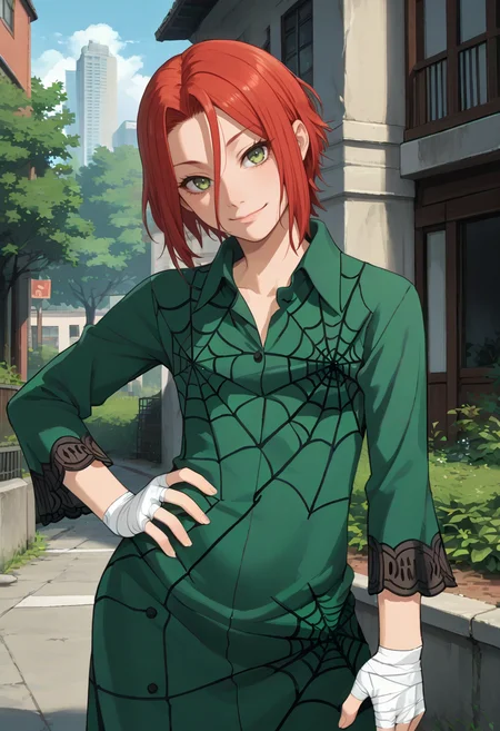 score_9, score_8_up, score_7_up, source_anime, BREAK, solo, 1girl, looking at viewer, smile, outdoors, standing, <lora:Haru-pdxl_Fp:1>, harudesu, red hair, green eyes, short hair, <lora:Ulala-pdxl_Fp:0.7>, collared dress, green skirt, long sleeves, spider web print, green dress, head tilt, bandaged hand, hand on own hip,