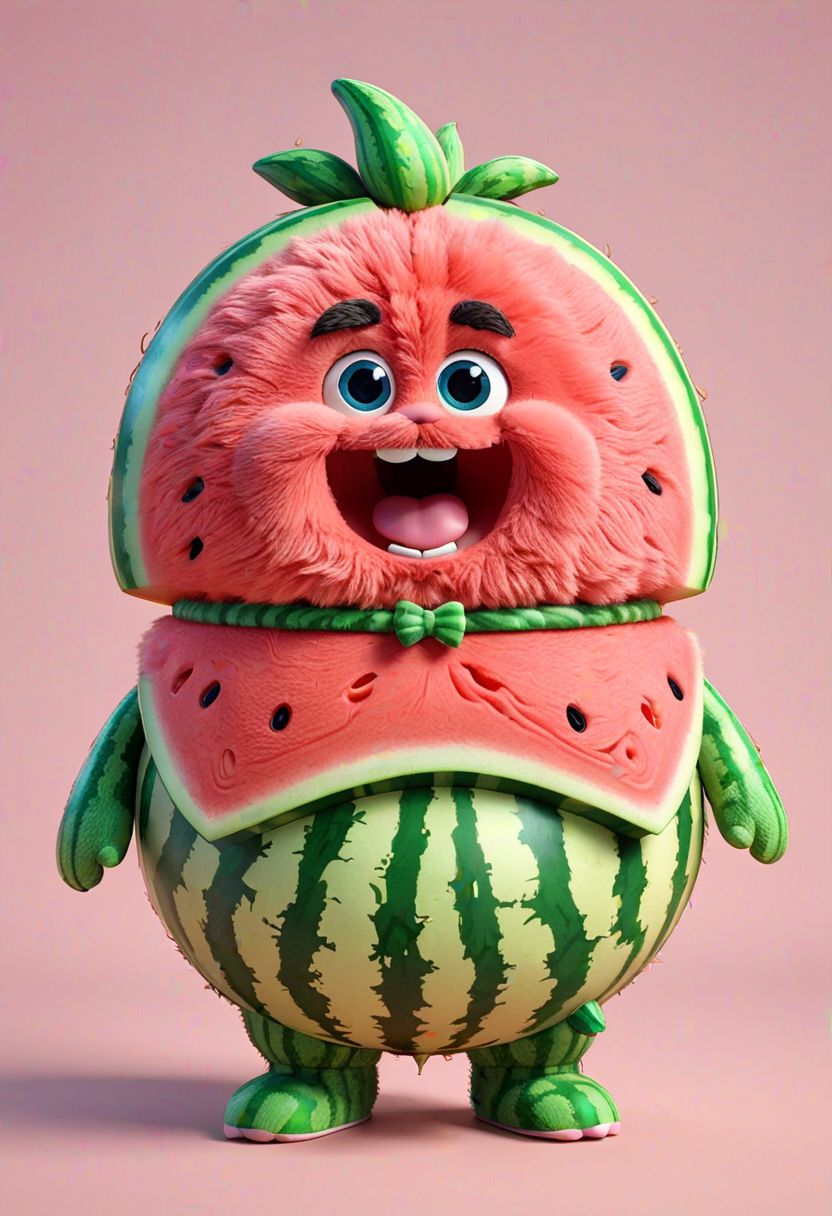 chubby cute fluffy fat (watermelon) belly, furry staff toy, funny facial expression, exaggerated action, 3D character, a bit fluffy, elougate shapes, cartoon style, minimalist, HD, high detailed, 8k