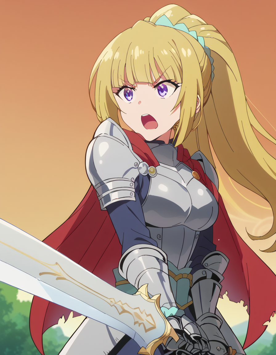 score_9, score_8_up, score_7_up, source_anime, <lora:kei-karuizawa-anime-s2-ponyxl-lora-nochekaiser:1>, kei karuizawa, long hair, bangs, blunt bangs, purple eyes, blonde hair, hair ornament, ponytail, scrunchie, blue scrunchie, medium breasts, anime screencap, <lora:sunrise-stance-ponyxl-lora-nochekaiser:1>, sunrise stance, weapon, sword, solo, open mouth, holding weapon, holding, holding sword,, <lora:knight-ponyxl-lora-nochekaiser:1>, knight, armor, cape, shoulder armor, gauntlets, helmet, pauldrons, red cape,,