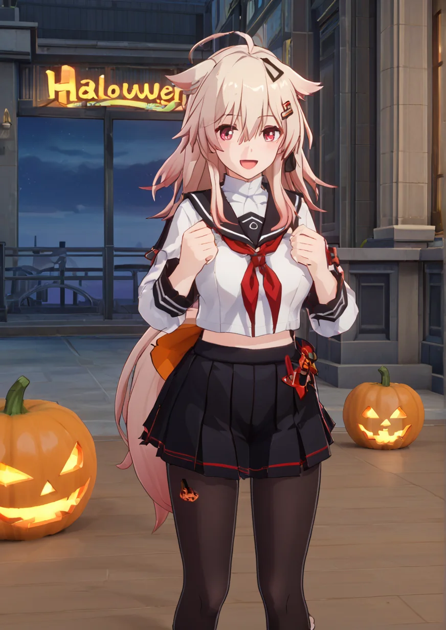 1girl, yuudachi (kancolle), yuudachi kai ni (kancolle), huge breast, 3d, black ribbon, blonde hair, blush, breasts, hair between eyes, hair flaps, hair ornament, hair ribbon, hairclip, halloween, jack-o'-lantern, long hair, looking at viewer, neckerchief, open mouth, pantyhose, pleated skirt, pumpkin, red eyes, ribbon, school uniform, serafuku, skirt, smile, solo, tail, wolf hood, wolf paws, wolf tail,  zPDXL3,3d  <lora:honkai_star_rail_3d_style:1>