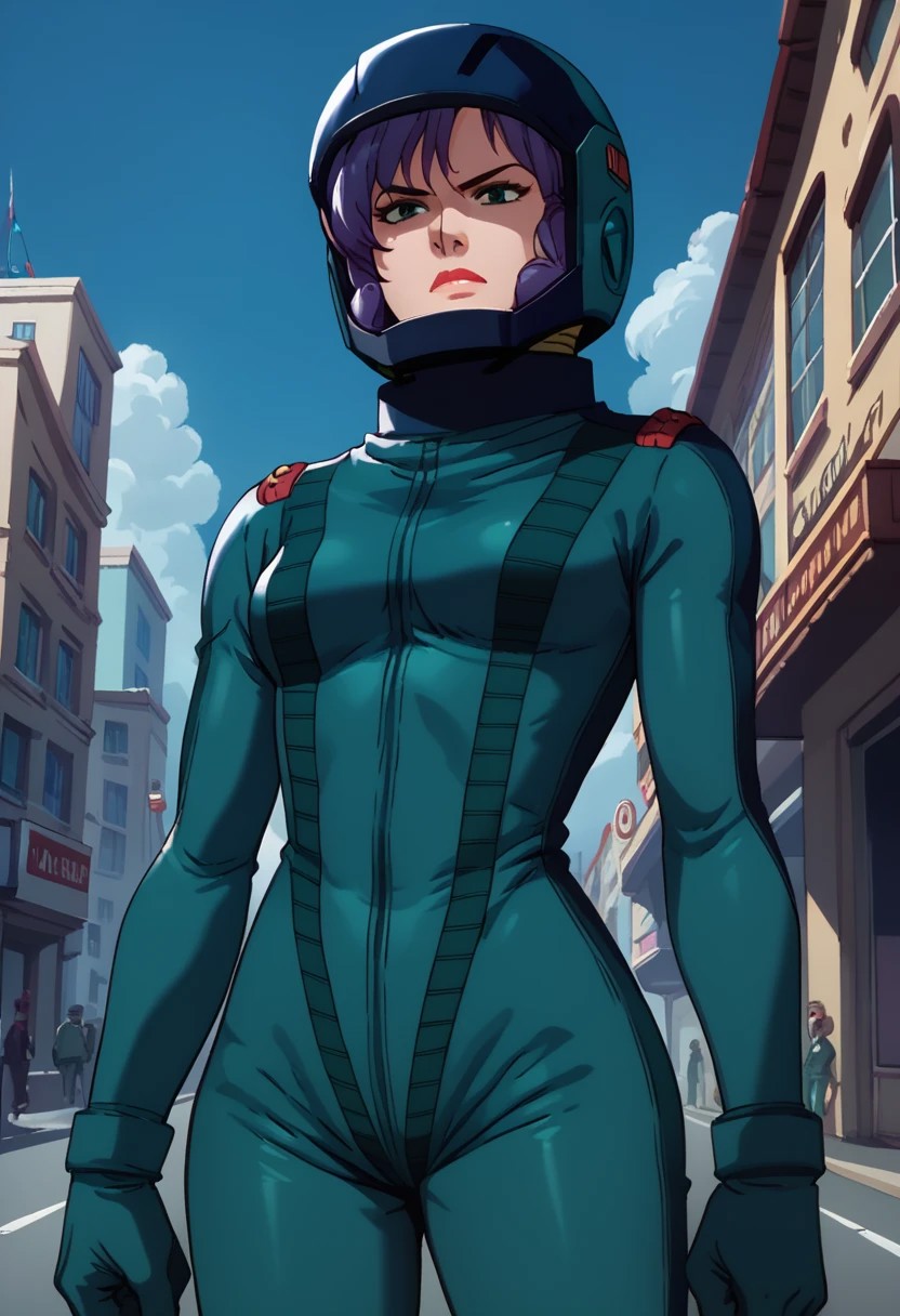score_9, score_8_up, score_7_up,best quality,rosamia badam, purple hair, 1girl, pilotsuit, gloves, solo,city view, street view,helmet