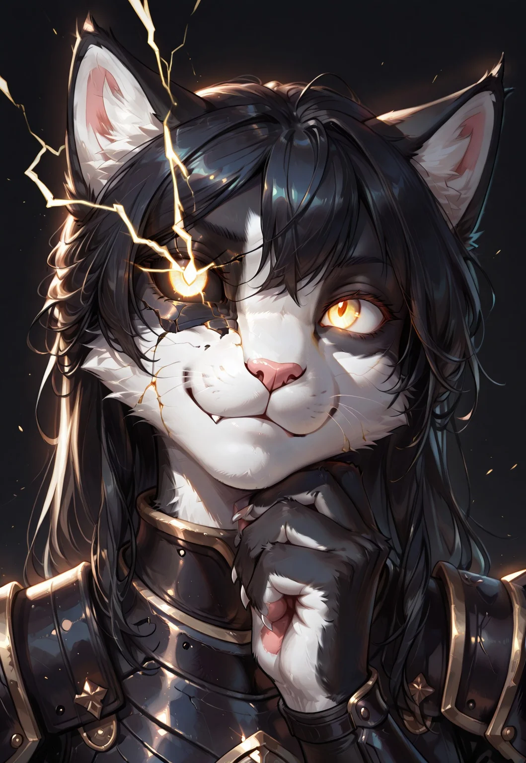 score_9, score_8_up, score_7_up, (solo), sfw, ITMStyle
BREAK 1girl, Ember (ESO), anthro, feline, black and white fur, black hair, slim, (black armor)
BREAK portrait, face close up, cracked skin, lightning over eye, dynamic angle, dynamic pose, smirk, hand on chin, extremely detailed, cinematic soft lighting, tranquil setting, simple background, black background, dark, glowing eyes, sharp focus, extremely detailed, high detail
BREAK detailed eyes, detailed hair, depth of field, detailed fluffy fur, photorealistic details, volumetric lighting