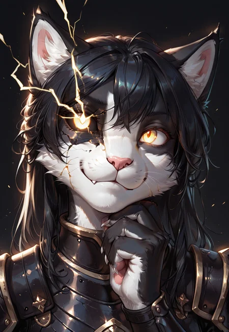 score_9, score_8_up, score_7_up, (solo), sfw, ITMStyle
BREAK 1girl, Ember (ESO), anthro, feline, black and white fur, black hair, slim, (black armor)
BREAK portrait, face close up, cracked skin, lightning over eye, dynamic angle, dynamic pose, smirk, hand on chin, extremely detailed, cinematic soft lighting, tranquil setting, simple background, black background, dark, glowing eyes, sharp focus, extremely detailed, high detail
BREAK detailed eyes, detailed hair, depth of field, detailed fluffy fur, photorealistic details, volumetric lighting