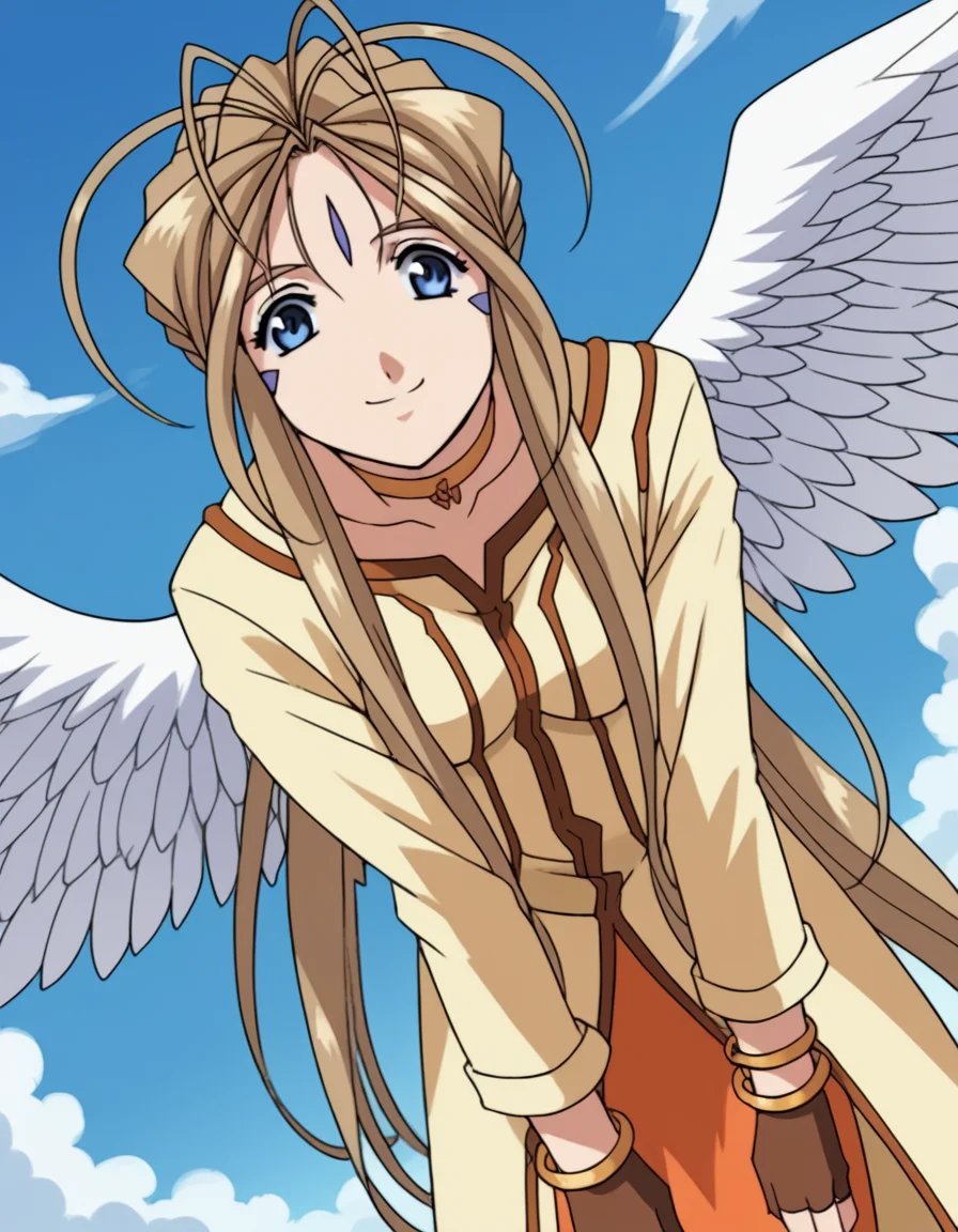 score_9, score_8_up, score_7_up, source_anime,
belldandy, <lora:belldandy-s2-ponyxl-lora-nochekaiser:1>,
belldandy, long hair, blue eyes, brown hair, facial mark, forehead mark,
gloves, wings, choker, fingerless gloves, bracelet, ring, feathers, angel wings,
sky, blue sky, clouds, bent over, smile,
cowboy shot, solo, dutch angle, looking at viewer,