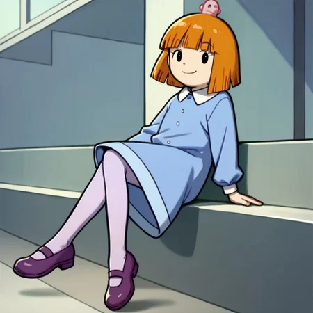 score_9, score_8_up, score_7_up BREAK BethObl, 1girl, orange hair, bob cut, blunt bangs, black eyes, pink head tumor, white-collared light blue buttoned dress, light purple leggings, purple mary jane shoes, smiling at viewer,