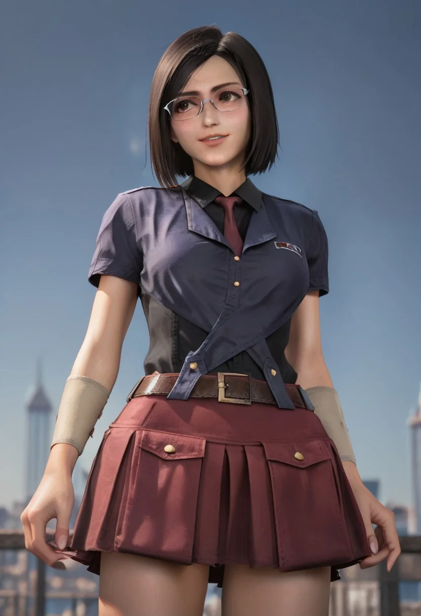 highly detailed, realistic, fine fabric detail, absurdres, highly-detailed, best quality, source_anime.
BREAK
1girl, 19yo, nayo_ffvii, short hair, bobcut, black hair, brown eyes, lips, medium breasts, nose, glasses, blue shirt, black undershirt, collar, collared shirt, red necktie, belt, skirt, miniskirt, red skirt, pleated skirt, chest logo, white bracelet, thighhighs, zettai ryouiki, fishnets thighhighs, brown boots,
BREAK
city night background, depth of field, soft smile, looking away, parted lips, portrait, undressing, detailed eyes,
BREAK
v pose, sensual, from bellow view, multiple views.