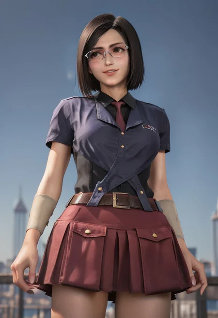 highly detailed, realistic, fine fabric detail, absurdres, highly-detailed, best quality, source_anime.
BREAK
1girl, 19yo, nayo_ffvii, short hair, bobcut, black hair, brown eyes, lips, medium breasts, nose, glasses, blue shirt, black undershirt, collar, collared shirt, red necktie, belt, skirt, miniskirt, red skirt, pleated skirt, chest logo, white bracelet, thighhighs, zettai ryouiki, fishnets thighhighs, brown boots,
BREAK
city night background, depth of field, soft smile, looking away, parted lips, portrait, undressing, detailed eyes,
BREAK
v pose, sensual, from bellow view, multiple views.