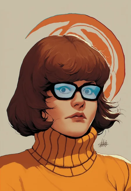 score_9, score_8_up, score_7_up, score_6_up,  retro artstyle, david mann style, easyriders, deep ink artwork, 1970s artwork, velma, 1girl, solo, brown bob haircut, orange turtleneck 