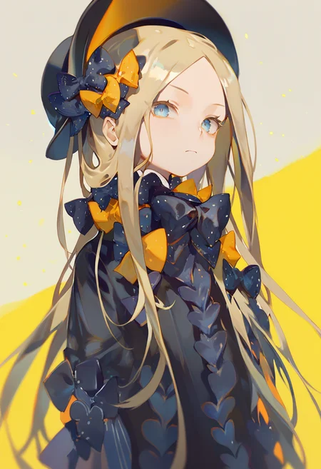 score_9, score_8_up, score_7_up, score_6_up <lora:reiXL_AutC_lokr_V43P1:0.95> 1girl, solo, abigail williams \(fate\), bow, blonde hair, yellow background, long hair, blue eyes, hair bow, black bow, looking at viewer, hat, polka dot, signature, black headwear, parted bangs, orange bow, portrait, simple background, closed mouth, polka dot bow, multiple hair bows, multicolored eyes, forehead, black dress, dress, head tilt, yellow bow