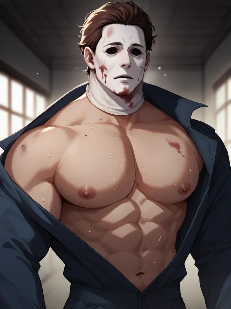 M_myers man, muscular, wearing blue jumpsuit, mask, brown hair, horror, dark lighting, blood, exposed chest, big pecs, muscular, sweating, looking at viewer, pulling open jumpsuit, dark abandoned house background  <lora:Michael_Myers:.7>, score_9, score_8_up, score_7_up, <lora:Smooth Anime 2 Style SDXL_LoRA_Pony Diffusion V6 XL:.3>   <lora:add-detail-xl:.8>  zPDXL3,