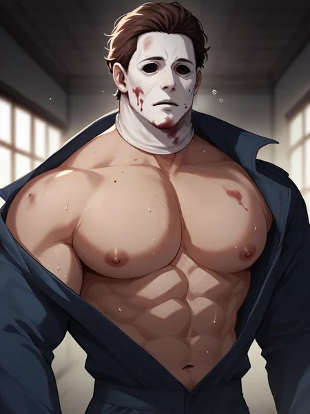 M_myers man, muscular, wearing blue jumpsuit, mask, brown hair, horror, dark lighting, blood, exposed chest, big pecs, muscular, sweating, looking at viewer, pulling open jumpsuit, dark abandoned house background <lora:Michael_Myers:.7>, score_9, score_8_up, score_7_up, <lora:Smooth Anime 2 Style SDXL_LoRA_Pony Diffusion V6 XL:.3> <lora:add-detail-xl:.8> zPDXL3,