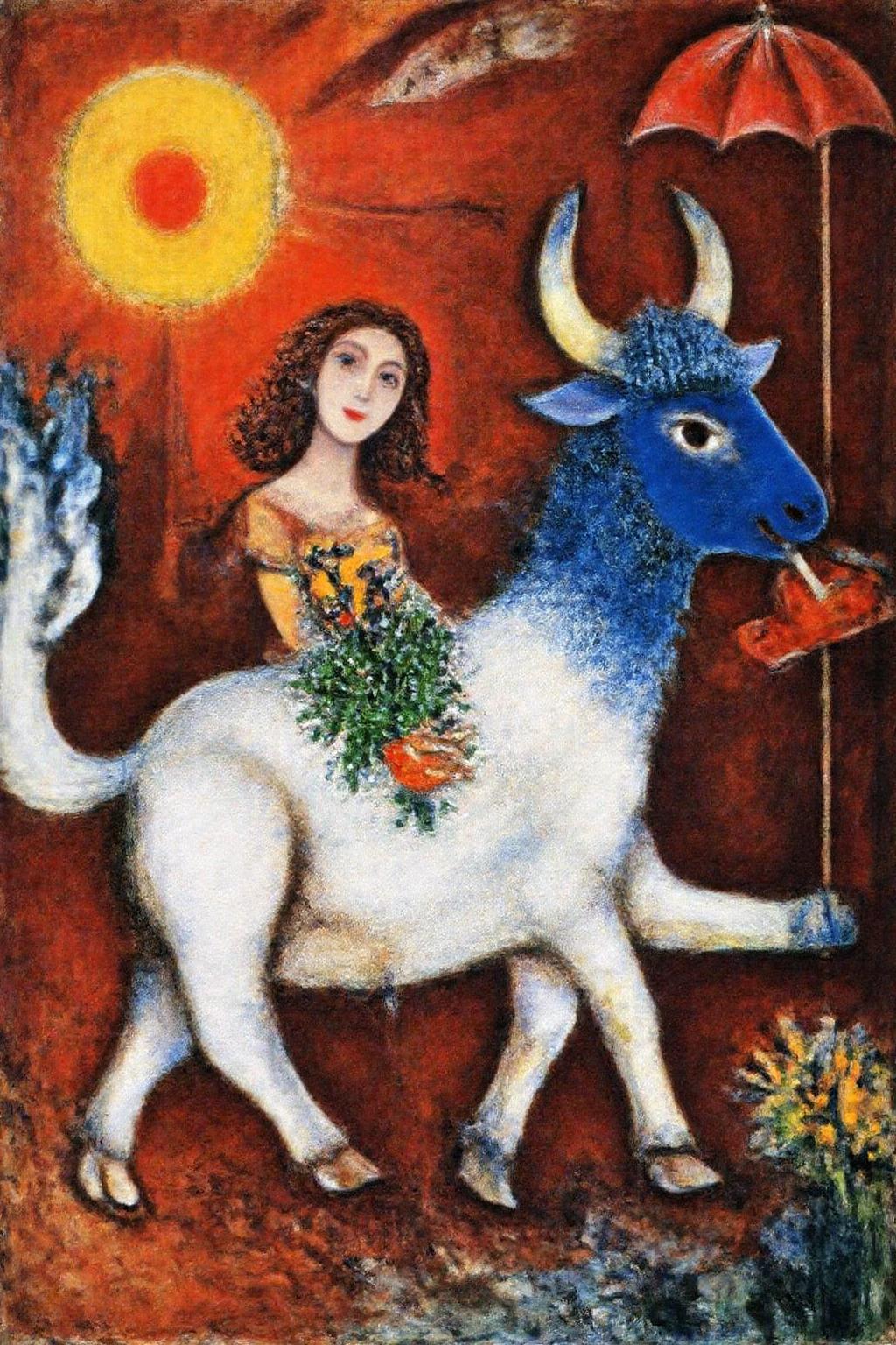 marcha9 painting 
A dynamic, dreamlike scene filled with fantastical elements. The central figure is a large, stylized bull with a predominantly white body and a striking blue head and tail. The sheep is depicted in mid-stride, holding a red umbrella in its mouth, casting a shadow on the ground. On its back, there's a small, green plant, adding a whimsical touch. To the left, a woman with a serene expression and flowing hair is partially visible, standing near a glowing, stylized sun that appears to be a radiant yellow-orange circle. <lora:marcha2_cap_d6a3e15:1.0><lora:814272267132587469:0>
