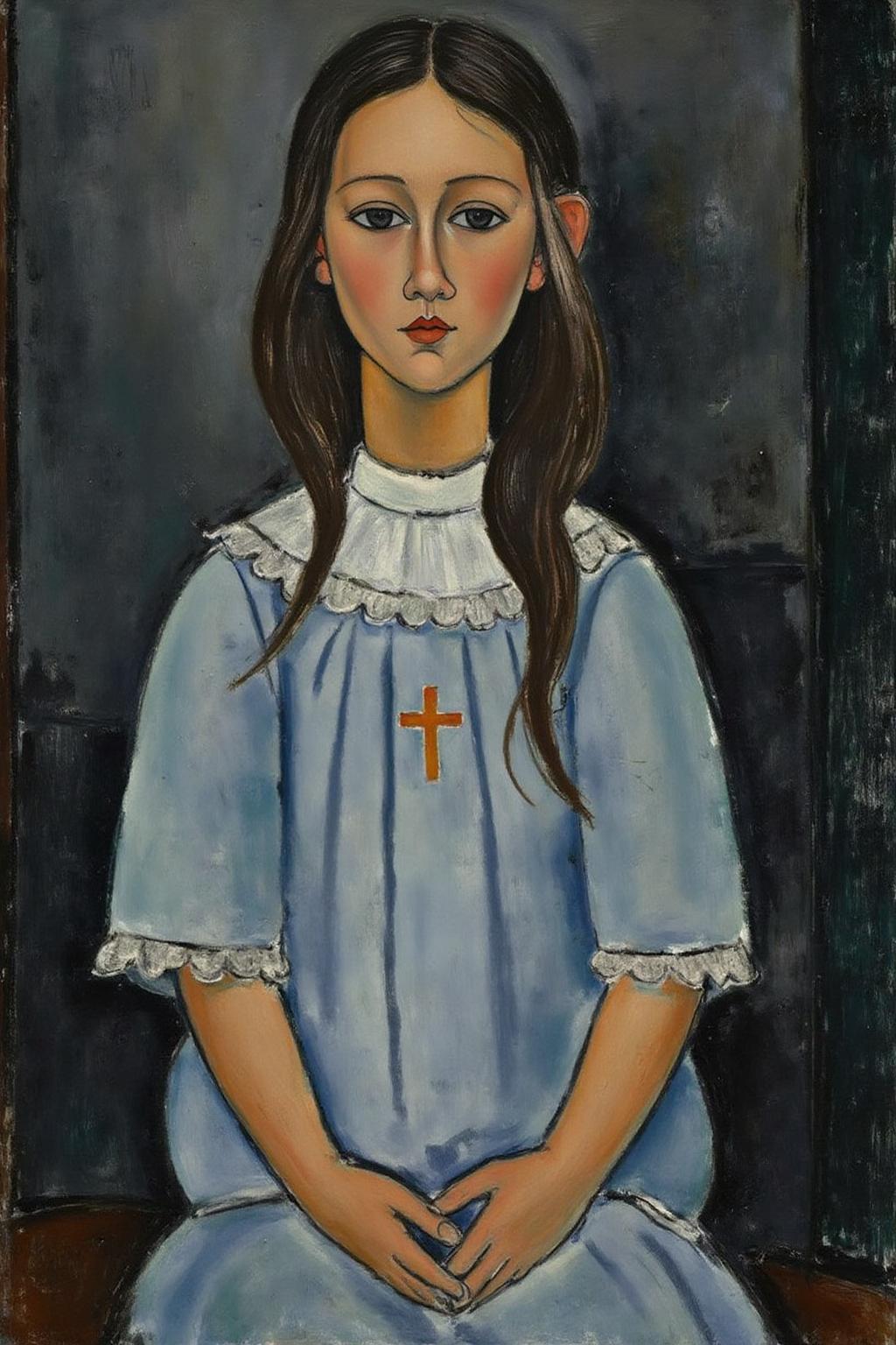 amedeomodigliani1 painting. A seated young girl dressed in a light blue garment with lace trim and a cross emblem on her chest. She has long, dark hair, and her hands are clasped together in front of her. <lora:amedeomodigliani1_cap_d6a3e8:1.0><lora:847295353681127382:0>