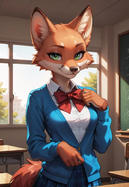 safe_pos, score_9, score_8_up, score_7_up, highres, high quality, perfection, masterpiece, detailed,
indoors, school, classroom, morning, sunrise, golden hour,
1girl, solo, no humans, upper body,
furry female, (anthro fox girl: 1.2), detailed fur, fox fur, vibrant fur, beautiful girl, cute girl, young adult, youthful, (bald girl, bald head, hairless, no hair), petite girl, detailed face, beautiful face, eyelashes, perfect eyes, detailed eyes, green eyes, medium breasts, fluffy tail, (detailed hands), 5fingers,
clothed, school uniform, white shirt, light-blue cardigan, light-blue skirt, white stockings, red bowtie,
standing, looking at viewer, smug,