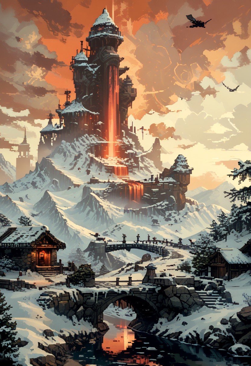 score_9, score_8_up, score_7_up, yamer_pixel_fusion, pixel art, 
The summit of a snowy mountain, reached only by the most devoted. A stone platform overlooks the world below, where rituals are held to call upon the power of the wind and sky, surrounded by towering ice formations., 
in the style of a vintage, high-contrast setting, capture the essence of a campy and sensual satanic ritual. Emphasize theatrical elements with bursts of bright colors against dark, moody backgrounds
, retro futuristic, atompunk, hyper-detailed, scifi, lofi, d3p1x3l, pixel art