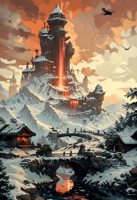score_9, score_8_up, score_7_up, yamer_pixel_fusion, pixel art,
The summit of a snowy mountain, reached only by the most devoted. A stone platform overlooks the world below, where rituals are held to call upon the power of the wind and sky, surrounded by towering ice formations.,
in the style of a vintage, high-contrast setting, capture the essence of a campy and sensual satanic ritual. Emphasize theatrical elements with bursts of bright colors against dark, moody backgrounds
, retro futuristic, atompunk, hyper-detailed, scifi, lofi, d3p1x3l, pixel art
