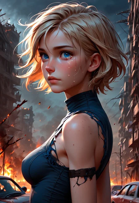 1girl, Masterpiece, 4k, ultra high detail, score_9, score_8_up, score_8, petite, medium breast, short blonde hair, fcNeg, stunning blue eyes, freckles, white skin, small nose, innocent beauty, slim face, skinny petite body,
Torn sport clothes
Dark sky, burning sky, nighttime, night,
Fear in her eyes, crying,
Sideview, Apocalyptic scene, burning skyscraper, burning city, derstroyed cars, a huge asteroid swarm in the sky,
Many asteroids in the sky,
End of the World,
negative_hand, NightScapes,