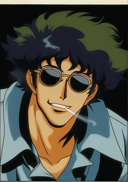 Spike Spiegel,solo,looking at viewer,short hair,bangs,simple background,shirt,black hair,1boy,male focus,teeth,sunglasses,black background,portrait,smoking,retro artstyle,1990s (style),masterpiece,oldest <lora:Spike:0.7>