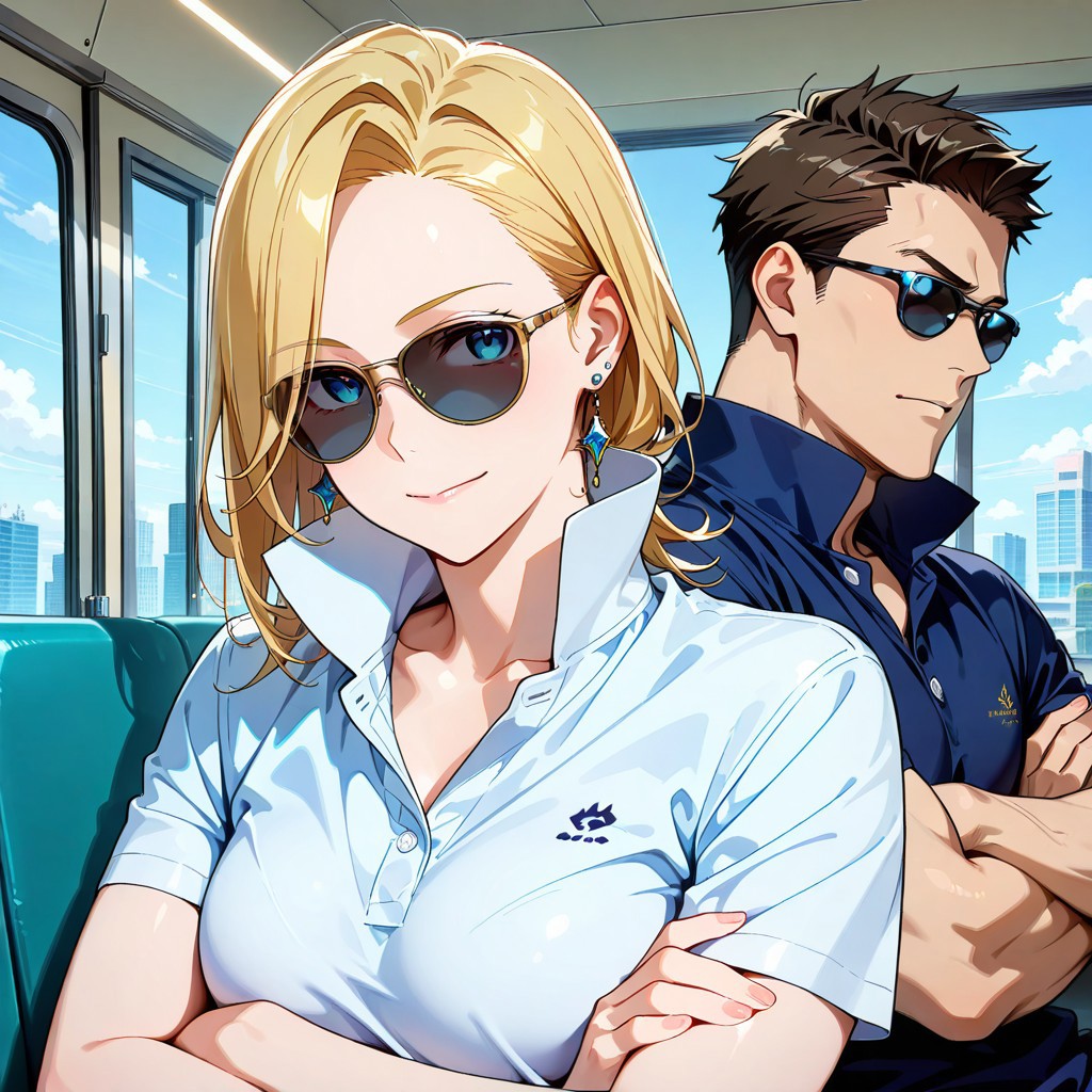 score_9,score_8_up,score_7_up,score_6_up,best quality,masterpiece, background is steet, 1girl, 1boy, crossed arms, sunglasses, shirt, popped collar