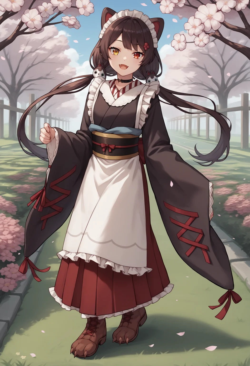 score_9, score_8_up, score_7_up, score_6_up, score_5_up, score_4_up, source_anime, it1, flower, twintails, low twintails, very long hair, dog girl, choker, maid headdress, black kimono, wide sleeves, frills, obi, white apron, sleeves past wrists, skirt, red skirt, brown footwear, cross-laced footwear, cherry blossoms, :3, smile, fangs, open mouth, full body, leg up, garden, grass, looking at viewer<lora:InuiTokoXL-16:1>