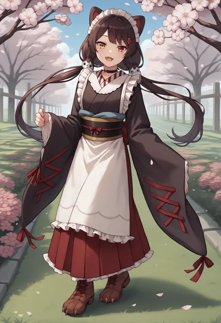 score_9, score_8_up, score_7_up, score_6_up, score_5_up, score_4_up, source_anime, it1, flower, twintails, low twintails, very long hair, dog girl, choker, maid headdress, black kimono, wide sleeves, frills, obi, white apron, sleeves past wrists, skirt, red skirt, brown footwear, cross-laced footwear, cherry blossoms, :3, smile, fangs, open mouth, full body, leg up, garden, grass, looking at viewer<lora:InuiTokoXL-16:1>