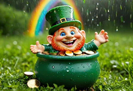 chubby leprechaun, playful grin, vibrant rainbow slide, sparkling raindrops, lush green meadow, pot of gold, shimmering coins, mischievous eyes, magical atmosphere