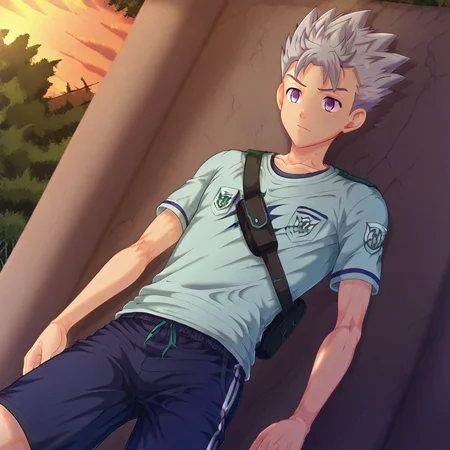 1boy, light purple eyes, grey hair, short hair, male focus, solo, spiked hair