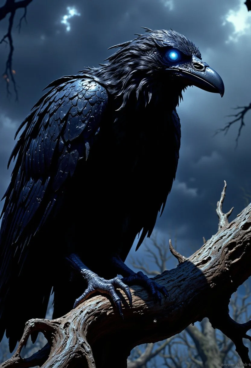Ironbeak the Raven: A menacing raven with feathers that look like wrought iron, his eyes glowing with a ghostly blue light. He perches on a gnarled tree branch, a storm brewing in the background, adding to the ominous atmosphere.
, live action, in the style of an old 80's VHS dark fantasy, VHS screen grab, grainy, old footage, in the style of an old 80's VHS dark fantasy, VHS screen grab, grainy, old footage
