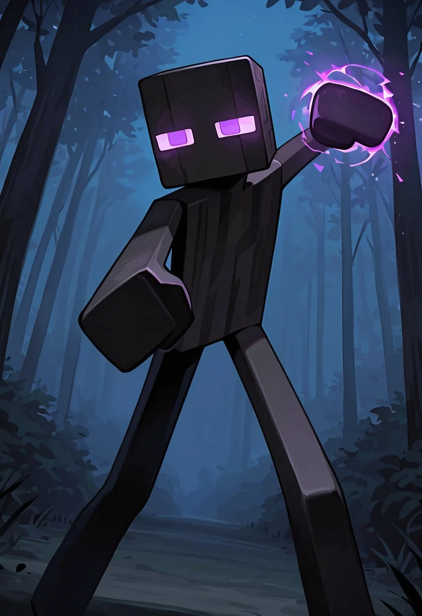masterpiece, best quality, amazing quality, very aesthetic, absurdres, newest, , detailed background, 
klskx
enderman, no humans, purple eyes, rectangle eyes, , solo, male focus, black skin, no mouth, square head, square body, black head , pokemon (creature), 
incoming punch, night forest, attack, incoming attack,