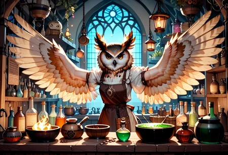 a 35mm photography of a beautiful woman, she is an owl-human hybrid, she works as an alchenist, she is in a dimly lit disorganised and dirty ancient wooden alchemy laboratory, she is wearing a grubby white blouse, brown leather trousers , brown leather apron, she has protective goggles on her forehead, potion brewing in a cauldron over a fire, shelves lined with mysterious colourful potions, her arms and hands are owl wings
owlfolk, wingarms, winged arms