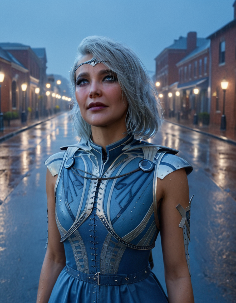 cinematic still 1girl, solo, silver hair, makeup, blue dress, town, rain . emotional, harmonious, vignette, 4k epic detailed, shot on kodak, 35mm photo, sharp focus, high budget, cinemascope, moody, epic, gorgeous, film grain, grainy, 1girl, solo, silver hair, makeup, blue dress, town, rain, cute, friendly, glowing, generous, beautiful, symmetry, dramatic, sharp focus, highly detailed, intricate, elegant, professional, combined, colorful, light, strong, coherent, extremely inspirational, stunning, attractive, epic, best, contemporary, cinematic, amazing, artistic, pure, wonderful