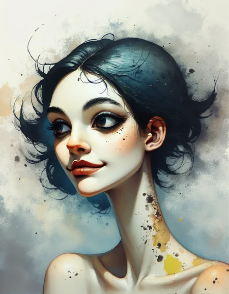 score_9, score_8_up, score_7_up, score_6_up, watercolor, A mysterious portrait of a woman with short, spiky black hair, her angular face half-hidden in shadows, her dark eyes filled with secrets, her lips slightly curved in a knowing, enigmatic smile., highly detailed, backlight <lora:ponys-dream:.9>