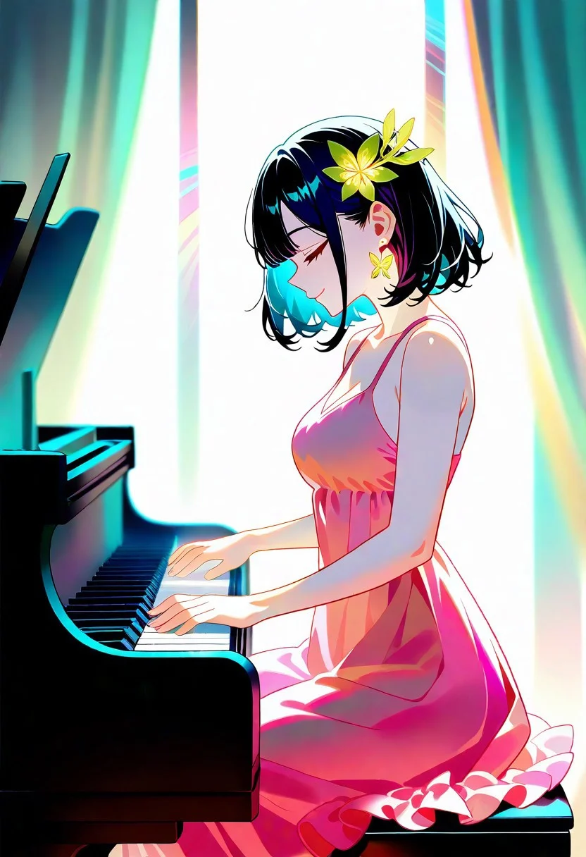 masterpiece, best quality, good quality, very aesthetic, absurdres, newest, (Perfect details),(****), 1girl, backlighting, blurry, butterfly earrings, cleavage, closed eyes, closed mouth, collarbone, cowboy shot, depth of field, dispersion (optics), dress, earrings, frilled dress, frills, from side, lily hair ornament, instrument, jewelry, medium breasts, medium hair, music, pale skin, piano, pink dress, playing instrument, playing piano, profile, sitting, sleeveless, sleeveless dress, smile, solo, Flower hair ornament <lora:spo_sdxl_10ep_4k-data_lora_webui:0.6> <lora:ponyv5_noobV065S_1_adamW-000013:0.7> <lora:USNR_STYLE_XL_lokr:0.5> <lora:GBF_Illustrious:0.4> <lora:748cmSDXL:0.7> <lora:MeMaXL4:0.8>