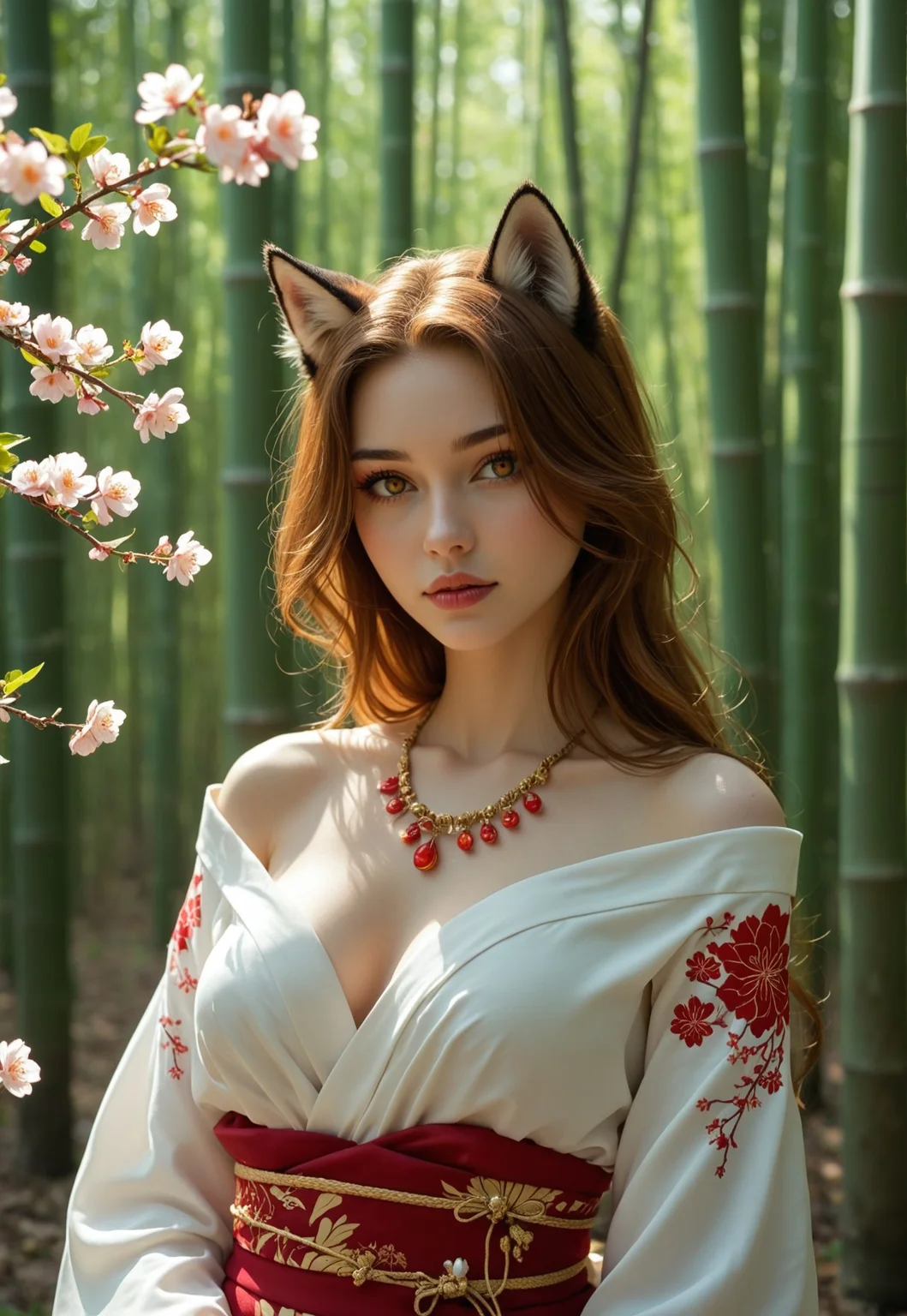 An enchanting kitsune with soft, fox-like ears and nine fluffy tails that shimmer with a magical aura. Her hair is a vibrant shade of fiery red, cascading down her back in gentle waves. Her skin is smooth and porcelain-like, with a subtle glow that enhances her mystical allure. Her eyes are a captivating golden hue, filled with ancient wisdom and a playful spark. Delicate, arched eyebrows frame her expressive gaze. Her nose is small and slightly upturned, adding to her charming appearance. Her lips are full and rosy, slightly parted as if whispering secrets of the forest. Her slender shoulders are bare, revealing intricate, glowing tattoos of cherry blossoms and vines. Her chest is adorned with a necklace of polished jade stones, highlighting her graceful form. Her abdomen is toned and supple, leading to a slender waist. Her lower body is draped in a flowing, silken kimono, adorned with patterns of foxes and moonlit landscapes, revealing her lithe figure. She stands in a serene bamboo forest, surrounded by the soft rustling of leaves and the scent of blooming flowers, the air filled with the tranquil sounds of nature. Moonlight filters through the bamboo, casting a soft glow on her enchanting features. Her eyes are open, gazing at the world with a sense of curiosity and mischief. An enchanting kitsune in a bamboo forest.
(kitsune, half body, fully clothed)
<lora:add-detail-xl:1>
