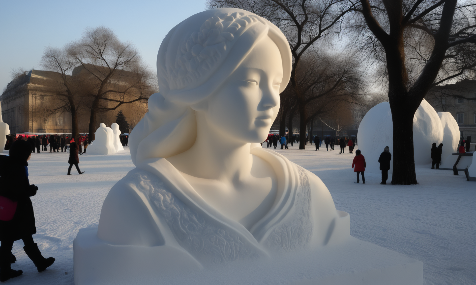<lora:snowsculpturecd_xl-000006:0.8>,a snow sculpture of a girl made of snowsculpturecd_xl on snowfield,snowsculpturecd_xl body,snowsculpturecd_xl face,winter,midday,solo,outdoors,in park,blue sky,there were a lot of people watching in the distance,cute and lovely,still life,from front,looking at viewer,close-up,full body,no humans,fine art,detailed,hi-res photo, emotional,harmonious,high budget,moody,epic,gorgeous,perfect lighting,realistic,photorealistic,photographic,photo (medium),real,moody lighting,volumetric lighting,reality ray tracing,8K,HDR,UHD,masterpiece,best quality,highly detailed,high resolution,finely detail,extremely detailed,ultra detailed,wallpaper