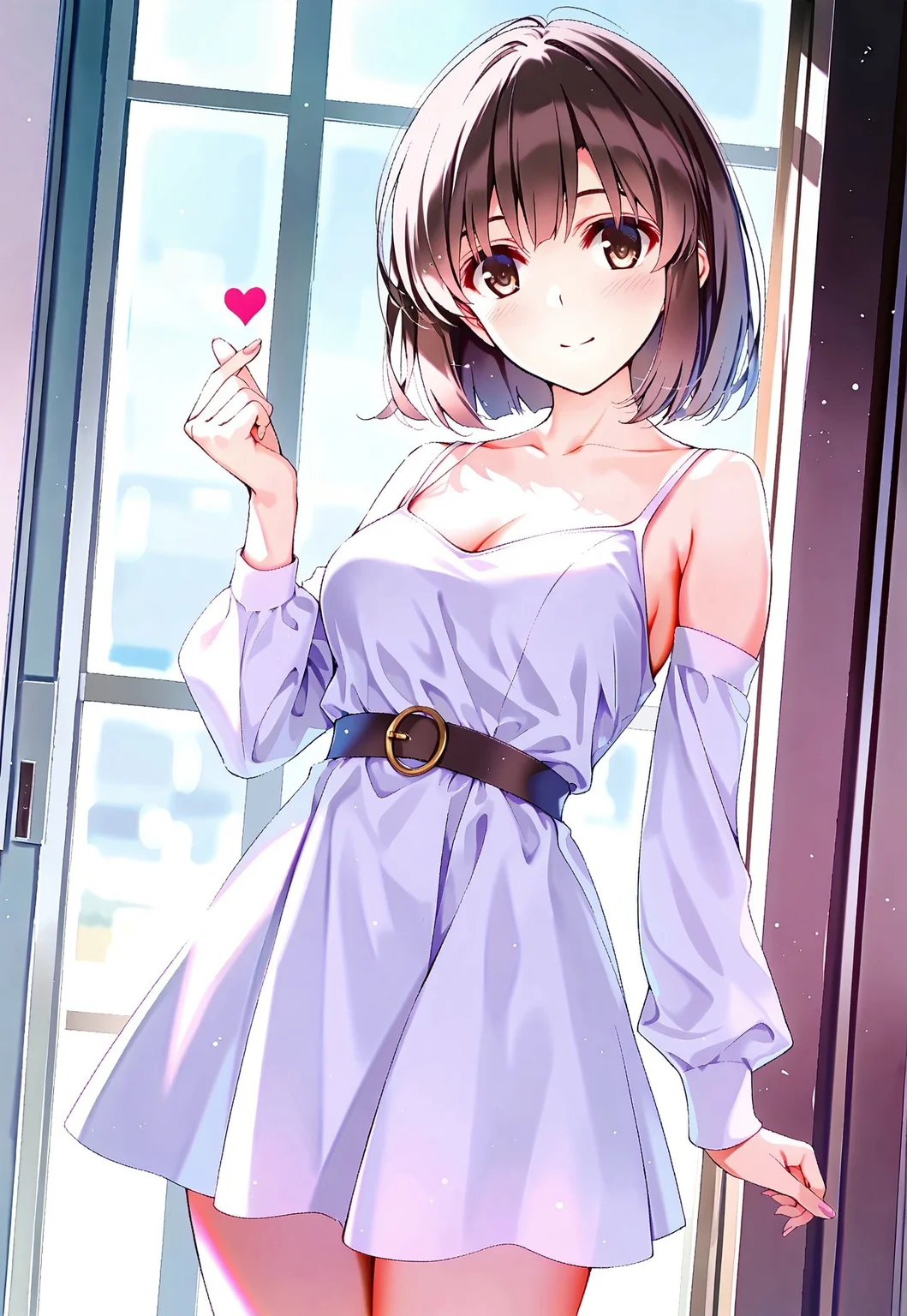 safe_pos, 1girl, misaki kurehito, katou megumi, Megumi,brown hair,kato megumi,brown eyes, short hair , medium breasts,solo, finger heart, close to viewer,dbare shoulders, detached sleeves, white dress, belt, short dress,masterpiece,best quality,high quality,good quality,newest,((detailed eyes)), ((finger fix))