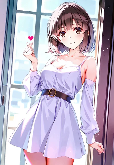 safe_pos, 1girl, misaki kurehito, katou megumi, Megumi,brown hair,kato megumi,brown eyes, short hair , medium breasts,solo, finger heart, close to viewer,dbare shoulders, detached sleeves, white dress, belt, short dress,masterpiece,best quality,high quality,good quality,newest,((detailed eyes)), ((finger fix))