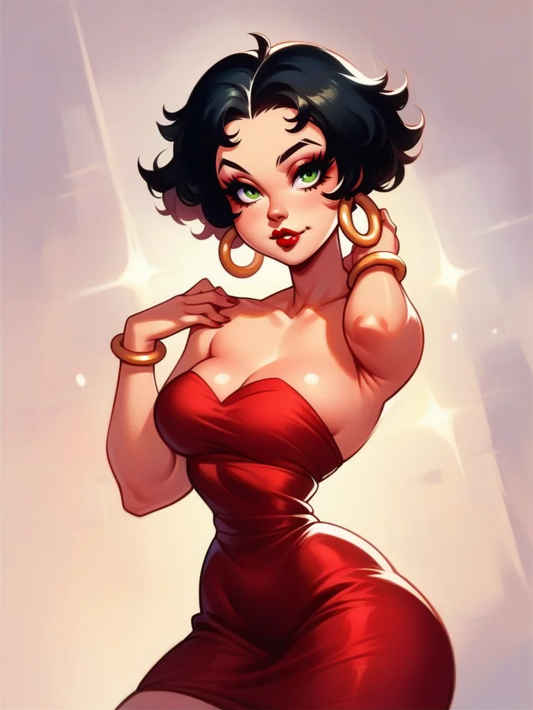 score_9, score_8_up, score_7_up, 1girl, dynamic pose, cowboy shot, light smile, looking at viewer, daylight, sexy pose, sexually suggestive, white light,
<lora:ABettyBoop_character:1>, BettyBoopXLP, black hair, short hair, green eyes, makeup, lipstick, hoop earrings, red dress, bracelet, strapless, narrow waist, wide hips,