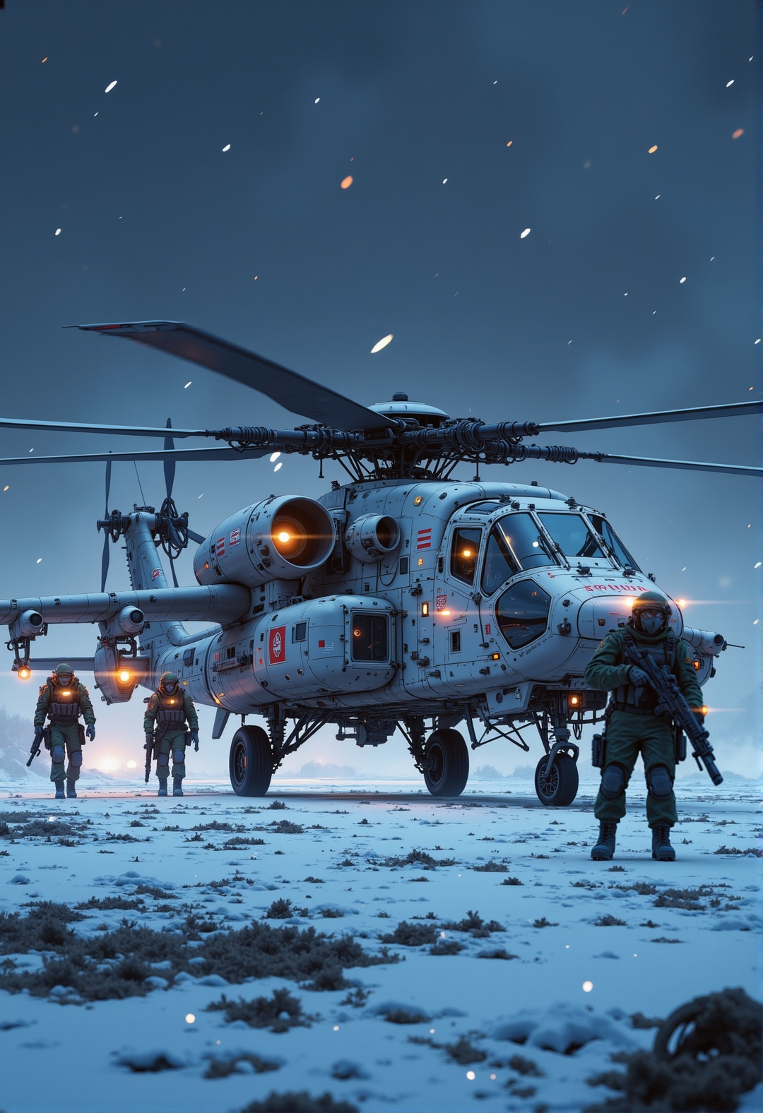 <lora:ck-ghost-reaper-000015:0.9>, This is a digital artwork in the style of ckgr, highly detailed anime image of a group of soldiers approaching a futuristic, highly advanced attack helicopter on a military runway amid a snowy landscape at night. The hull is white and grey winter camouflage, with small red livery and military insignia details, and the helicopter has large guns mounted on the exterior; the cockpit shows glowing led lights, and has a large air intake, motion blur on the rotor blades (black with yellow highlights)