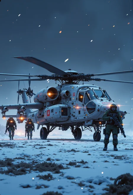 <lora:ck-ghost-reaper-000015:0.9>, This is a digital artwork in the style of ckgr, highly detailed anime image of a group of soldiers approaching a futuristic, highly advanced attack helicopter on a military runway amid a snowy landscape at night. The hull is white and grey winter camouflage, with small red livery and military insignia details, and the helicopter has large guns mounted on the exterior; the cockpit shows glowing led lights, and has a large air intake, motion blur on the rotor blades (black with yellow highlights)