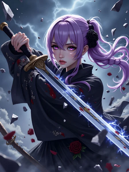 A masterpiece-quality artwork featuring a single female warrior with long, braided purple hair styled into a ponytail, adorned with an elegant hair ornament. She has striking purple eyes and wears a flowing black kimono with gothic elements, accented by black roses, thistles, and thorns. Her powerful stance highlights her large blade, a sword infused with crackling electricity and surrounded by an aura of thunder. The scene is set outdoors, under a dark, stormy sky, with motion blur and dynamic motion lines emphasizing the intensity of battle. Shattered glass and abstract fragments float in the air, reflecting broken monochrome tones with spot colors in blue and black, creating a visually dramatic atmosphere. Blood smears her face, hands, and clothes, with trails dripping from her eyes, enhancing the emotional impact. The piece uses dramatic underlighting, wet-on-wet painting techniques, and lineart to create an ethereal, cinematic effect. Her battle is reminiscent of Unlimited Blade Works (Fate), with afterimages of her slashes leaving trails of magic and glowing eye effects. aidmaimageupgrader, aidmaMJ6.1m, detailmaximizer, mythp0rt, ne0nfant4sy, drkfnts <lora:aidmaImageUpgrader-FLUX-V0.2:0.9> <lora:aidmaMJ6.1_aidmaMJ6.1-FLUX-v0.4:0.9> <lora:aesthetic2-cdo-0.5:0.7> <lora:v1v1dr34m:0.8>