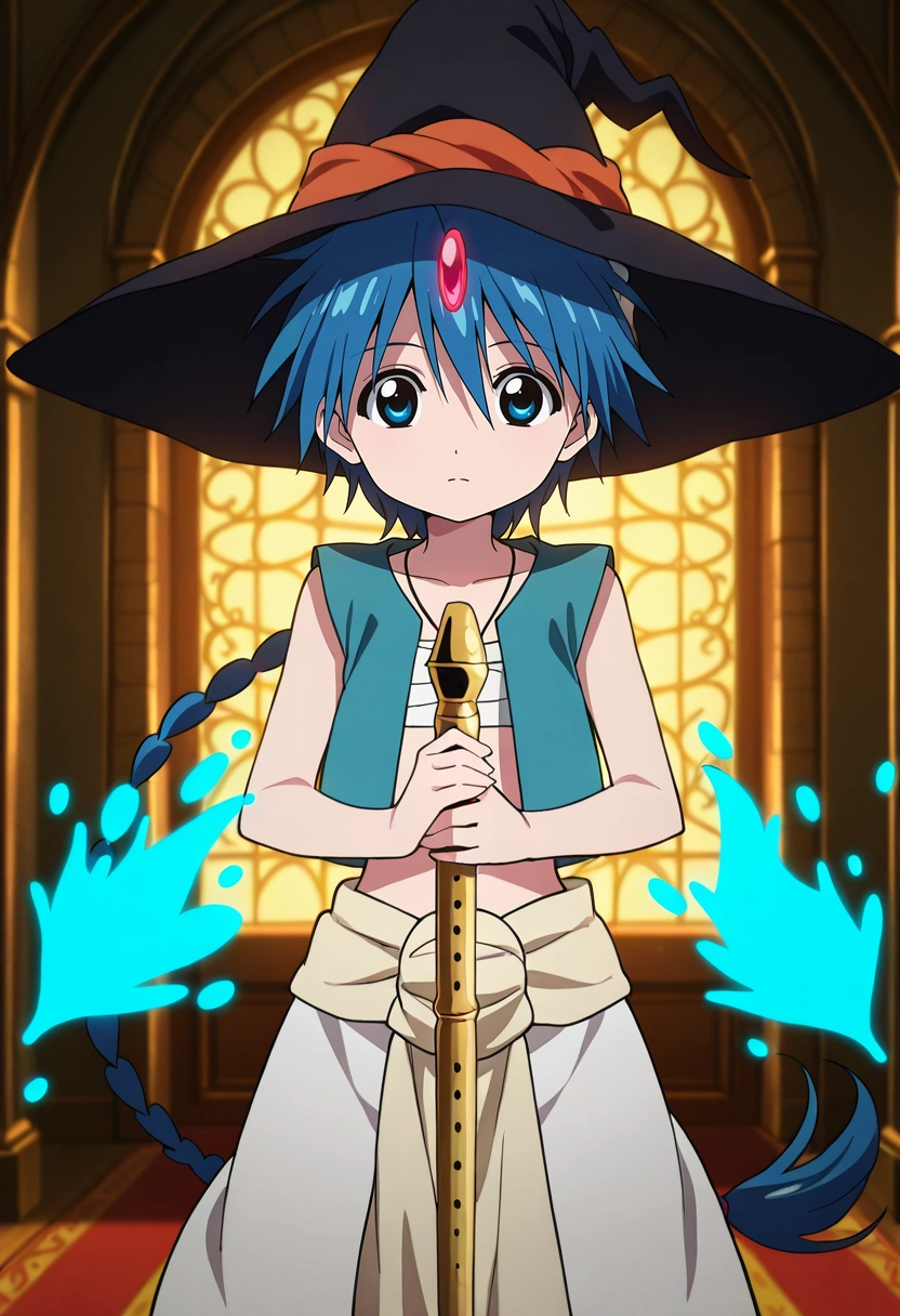 masterpiece, best quality, , anime screencap, , official style, looking at viewer, 1boy, solo, male focus, <lora:aladdin_magi_ilxl:1>, aladdin_magi, blue hair, blue eyes, long hair, braid, single braid, , jewelry, vest, flute, , staff, hat, witch hat, renaissance workshop, scattered canvases, glowing paintbrushes, intricate sculptures, painting pose, inspired expression, soft lighting,