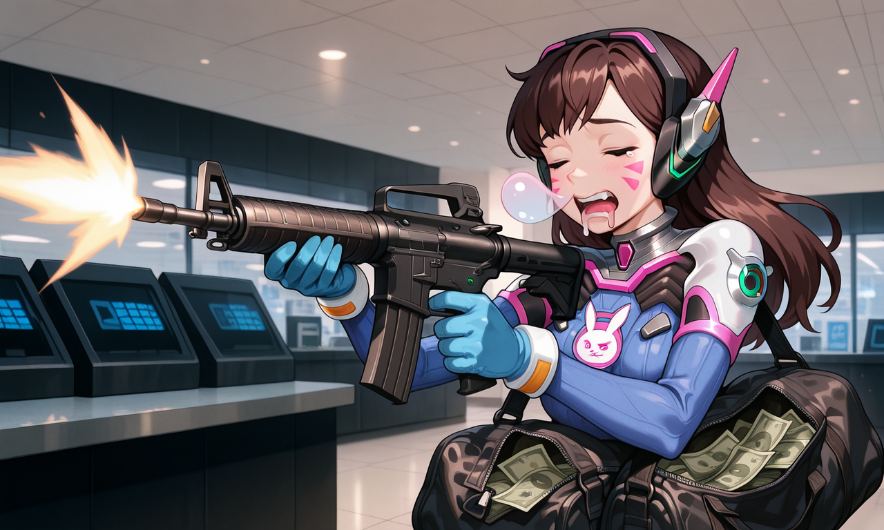 embedding:IllusP0s, firing ar-15, money duffle bag, blue gloves, 1girl, d.va_\(overwatch\), eyes closed, nose bubble, drooling, indoors, bank,<lora:nose_bubble_ill.safetensors:1.0:1.0> <lora:firing ar-15, money duffle bag, blue gloves_illustrious.safetensors:1:1>